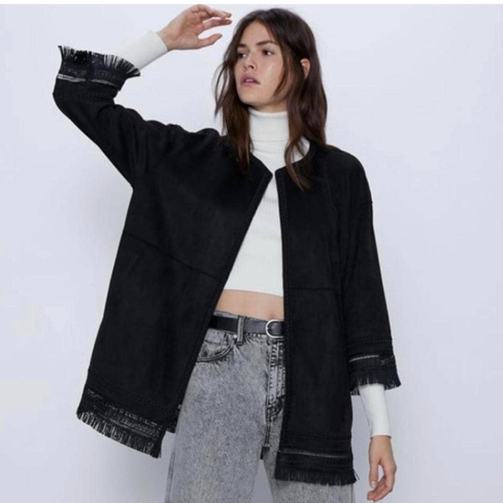 ZARA Faux Suede Fringed Trim Boho Jacket in Black Medium Women’s Festival